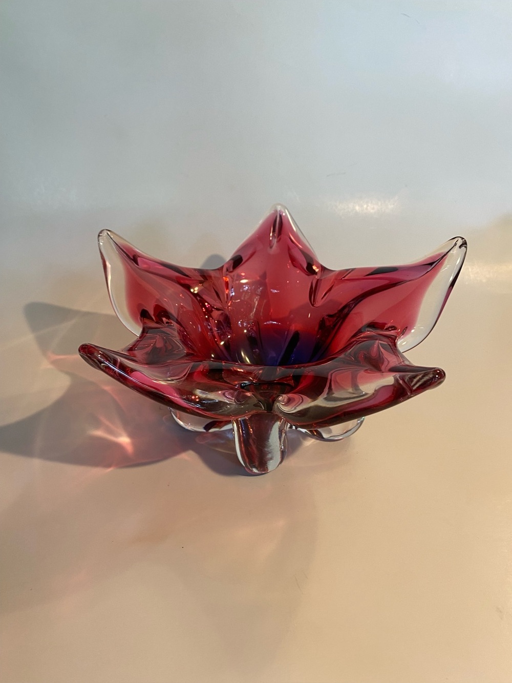 Vintage Pink & Deep Purple Art Glass Star Bowl, Murano Style, Mid-Century